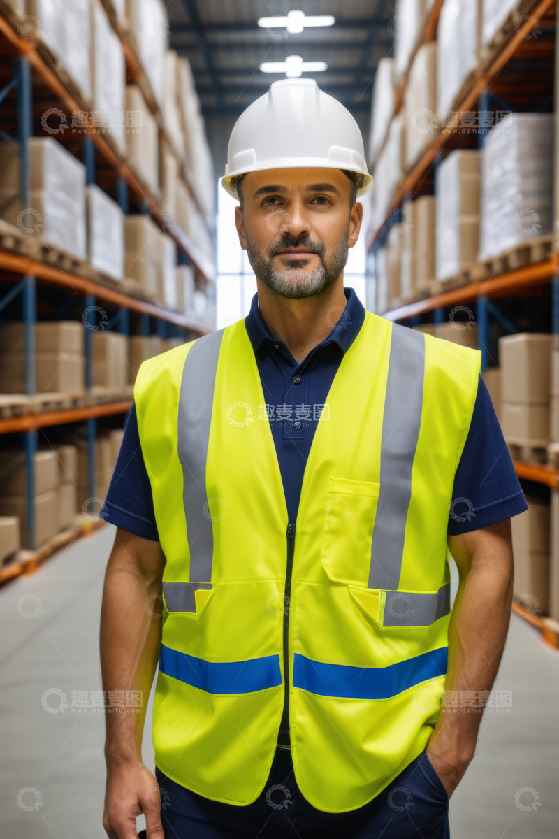 高清大图下载【趣麦麦图】仓库工人穿反光背心戴安全帽