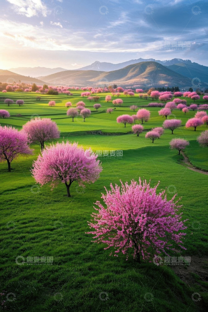 高清大图下载【趣麦麦图】山坡上盛开粉色花朵的树木景观