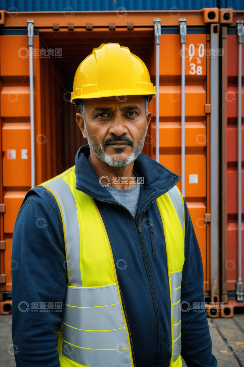 高清大图下载【趣麦麦图】集装箱旁穿反光背心的工人