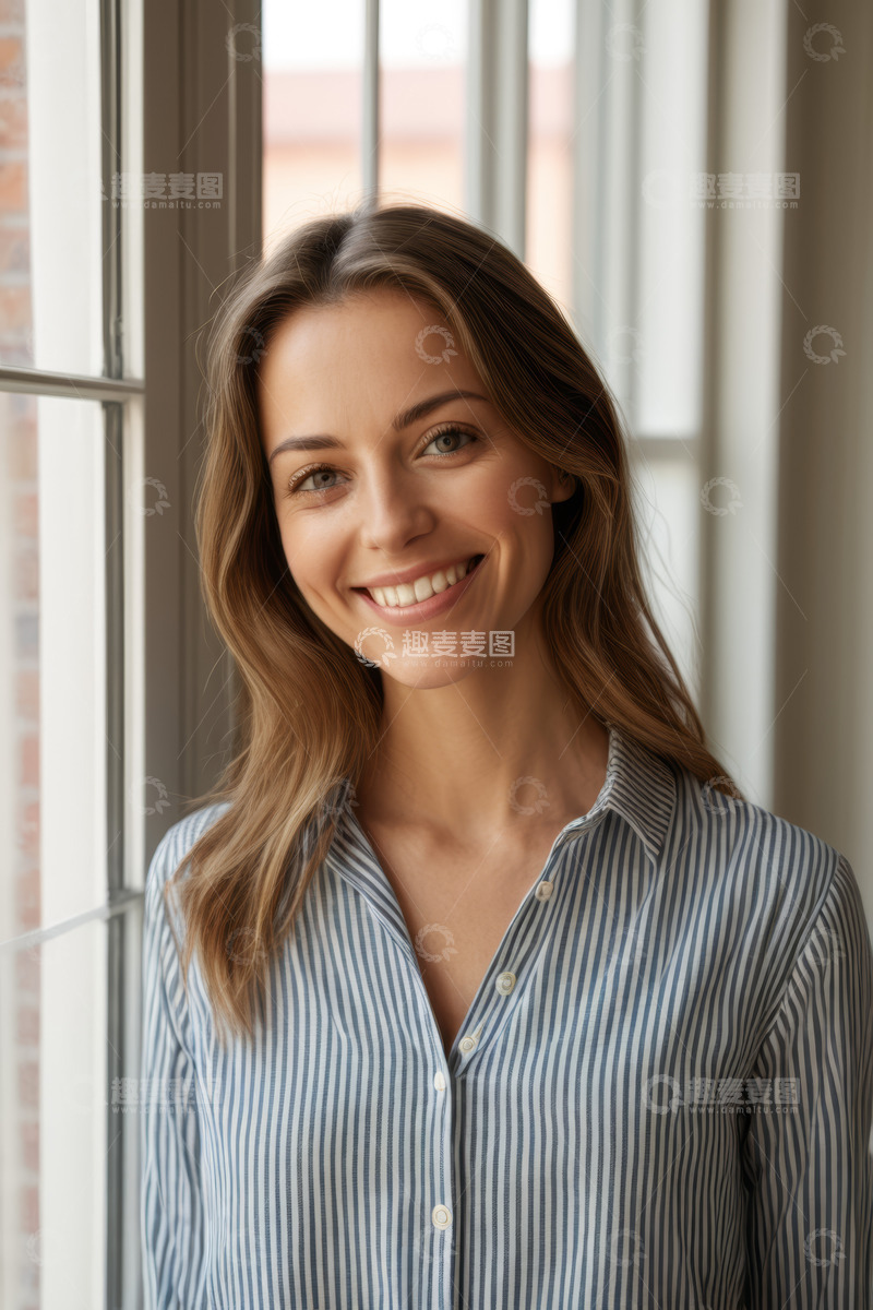 高清大图下载【趣麦麦图】窗边微笑的年轻女性肖像