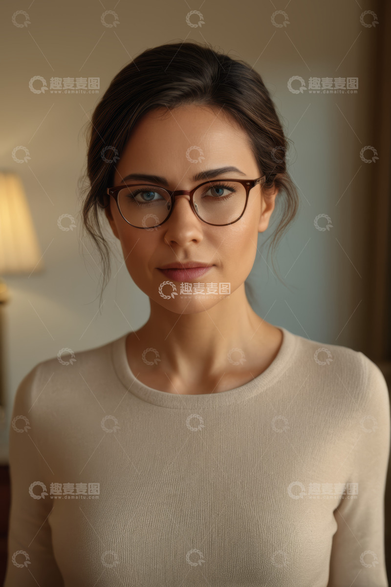 高清大图下载【趣麦麦图】室内戴眼镜女人的肖像