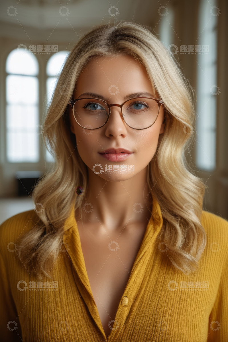 高清大图下载【趣麦麦图】戴眼镜金发女子室内肖像