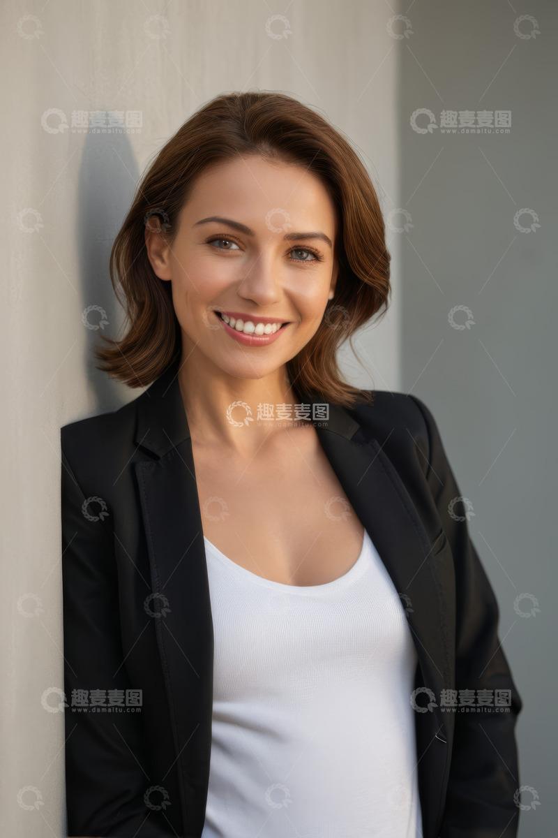 高清大图下载【趣麦麦图】微笑女商人靠墙肖像