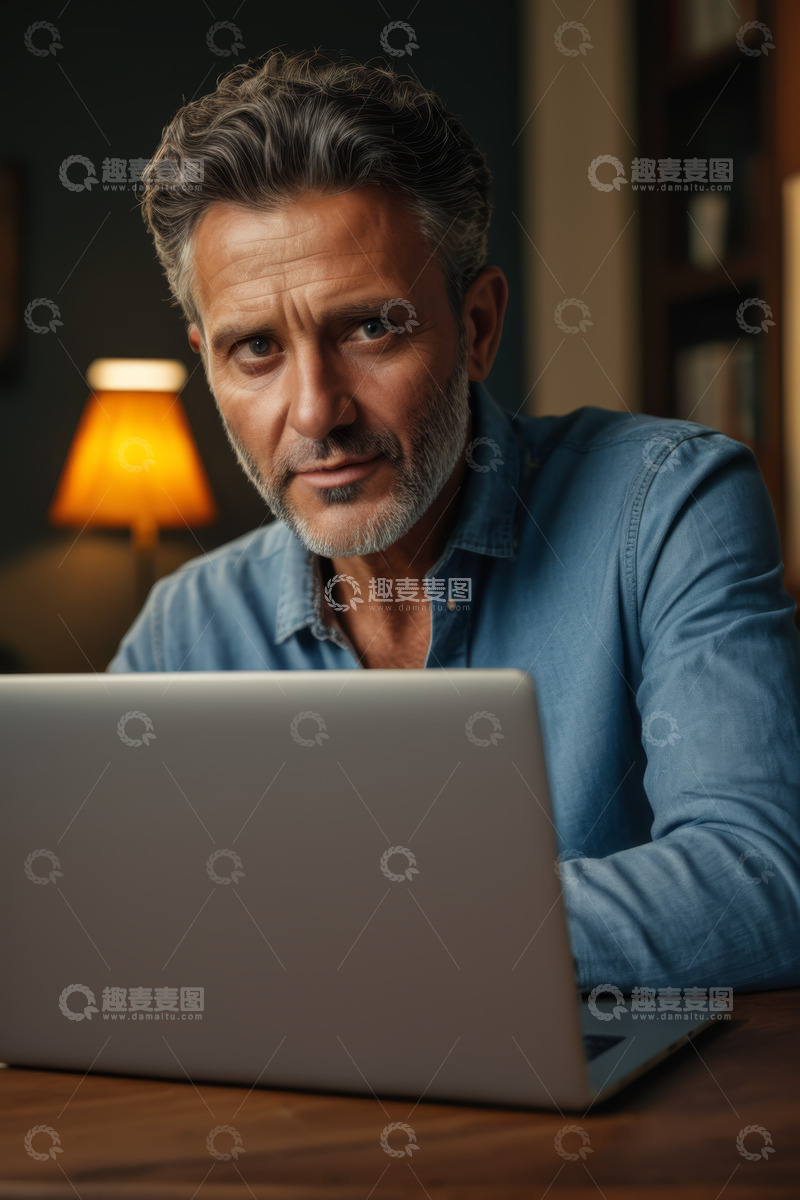 高清大图下载【趣麦麦图】中年男子专注使用笔记本电脑