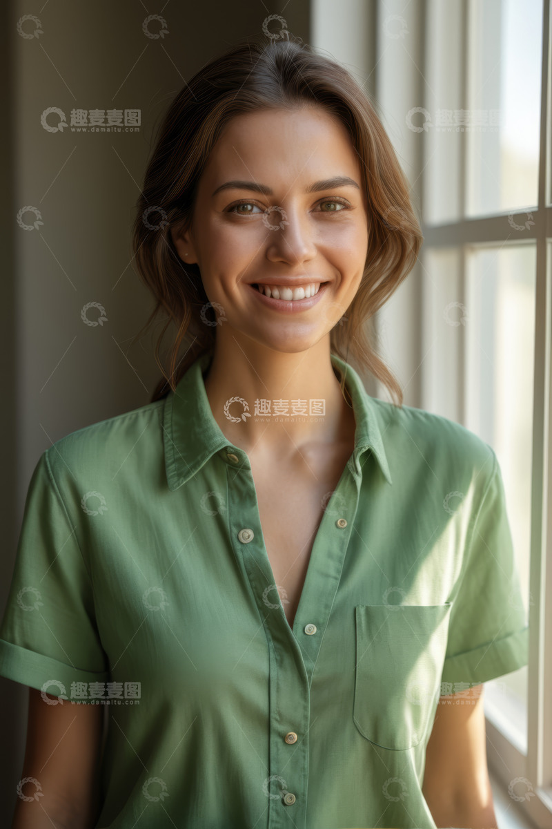 高清大图下载【趣麦麦图】窗边微笑女子肖像