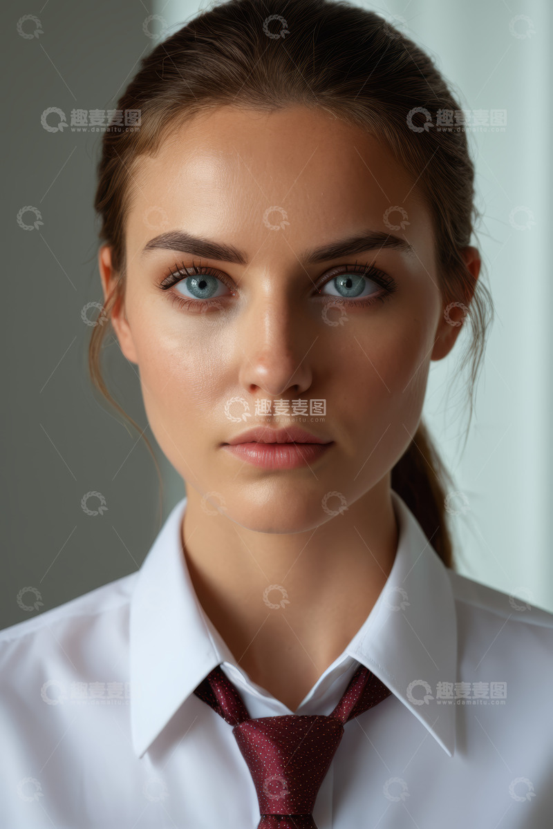 高清大图下载【趣麦麦图】穿白衬衫打领带的年轻女性肖像