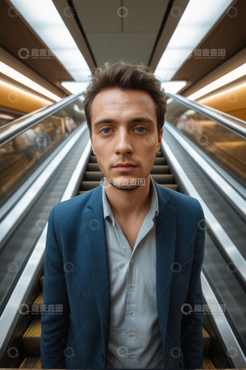 高清大图下载【趣麦麦图】穿西装男子在自动扶梯前