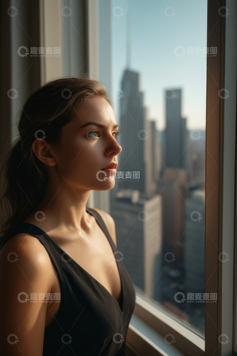 高清大图下载【趣麦麦图】窗边眺望城市的年轻女性