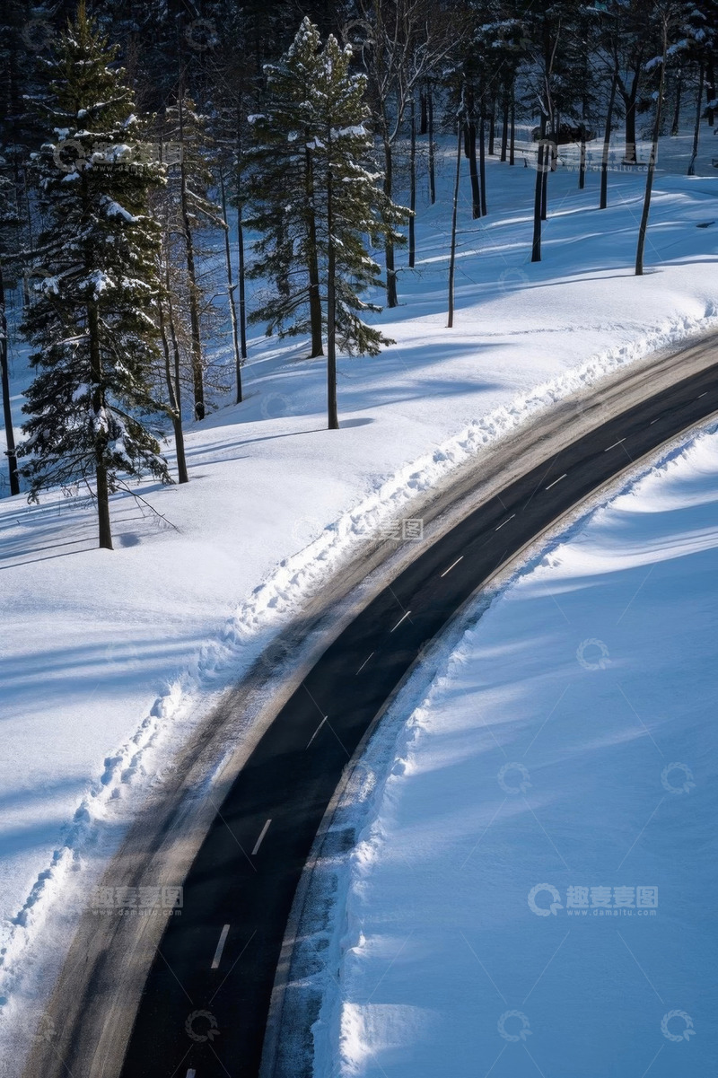 高清大图下载【趣麦麦图】雪地森林中的蜿蜒道路