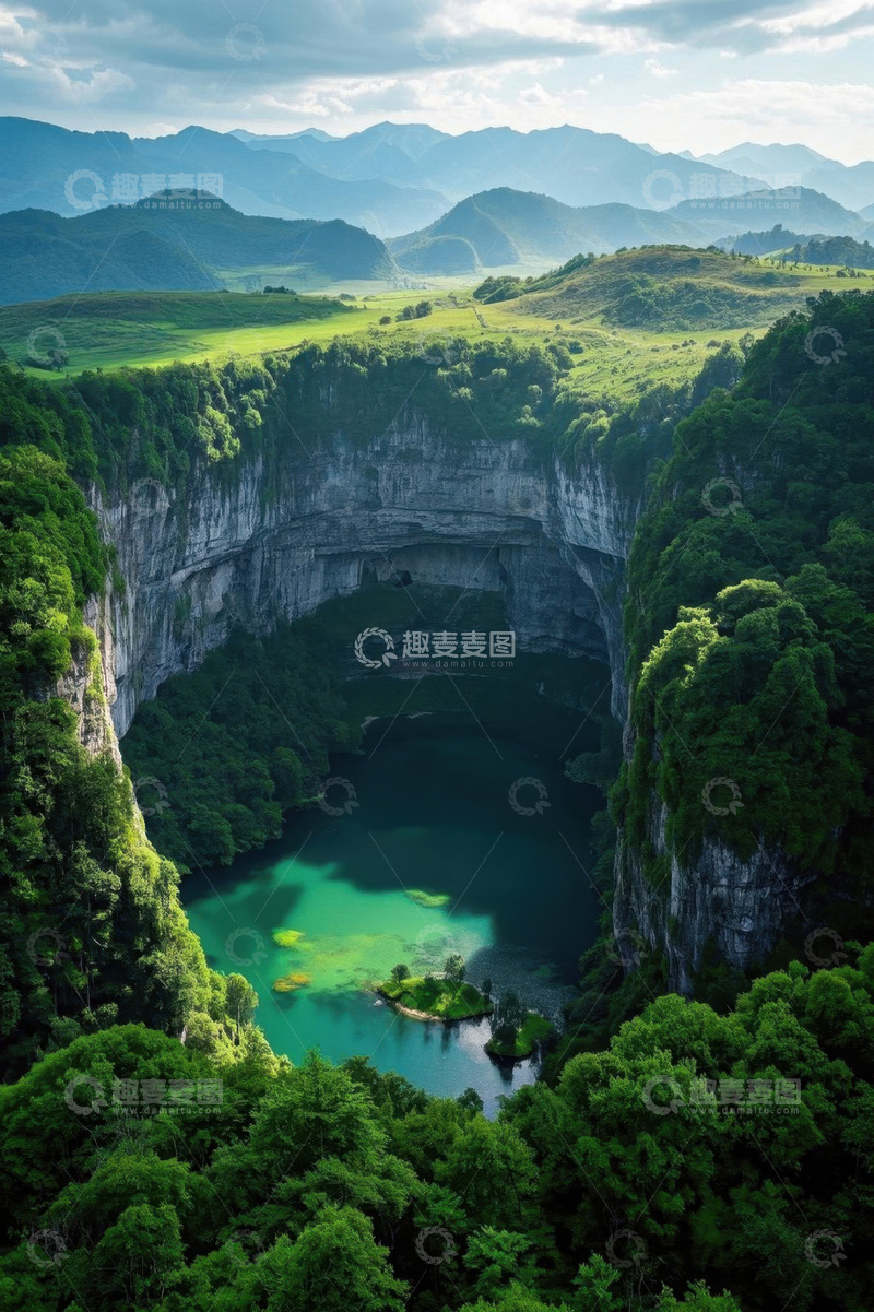 高清大图下载【趣麦麦图】青山绿水间的天然天坑景观