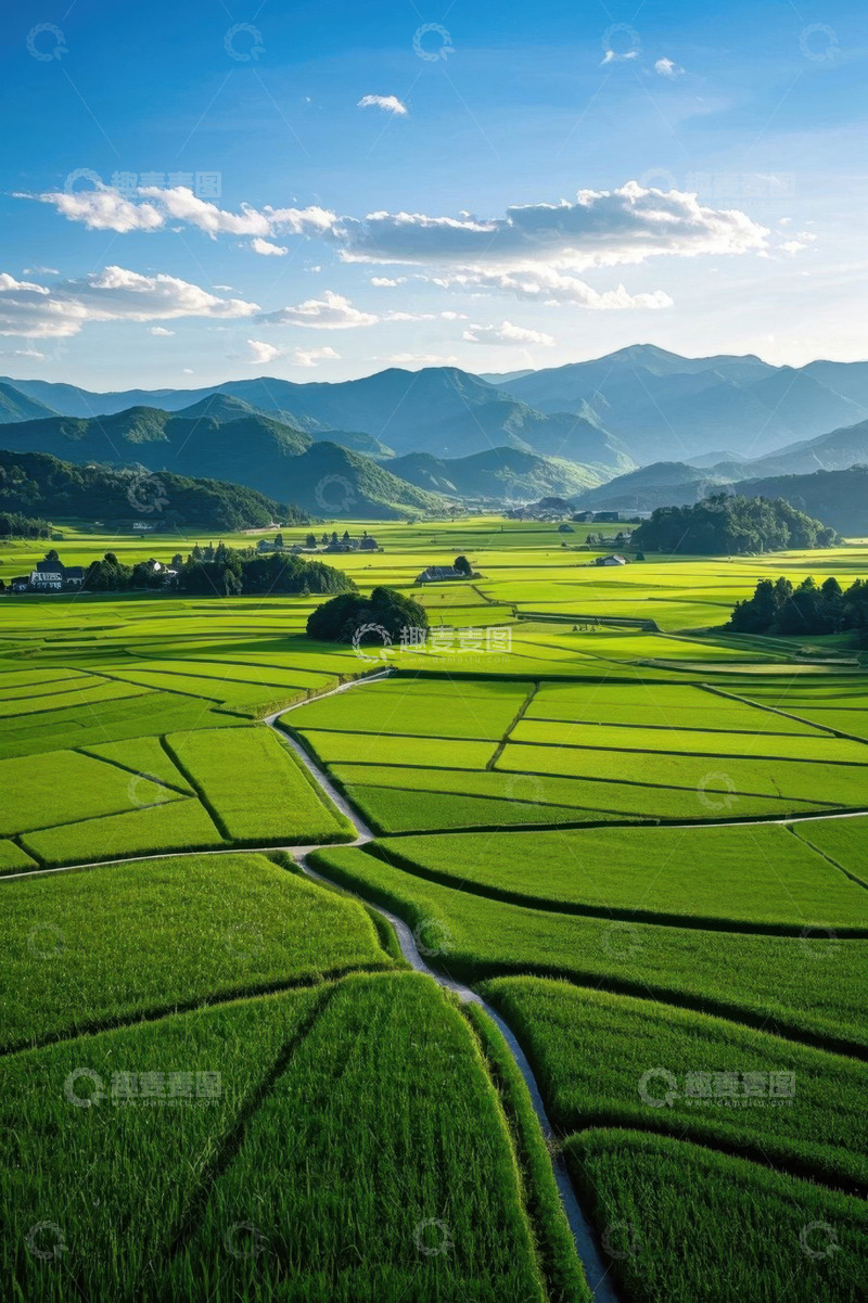 高清大图下载【趣麦麦图】俯瞰绿色田野与远山景观