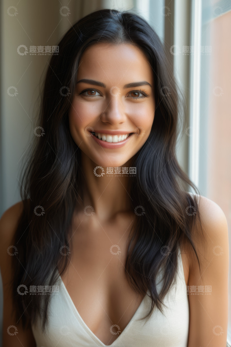 高清大图下载【趣麦麦图】窗边微笑的美丽女性