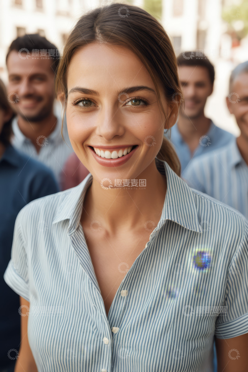 高清大图下载【趣麦麦图】微笑女子与身后人群