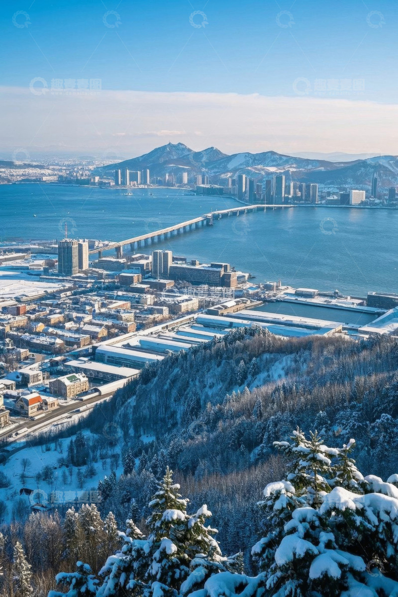 高清大图下载【趣麦麦图】冬日城市跨海大桥全景俯瞰