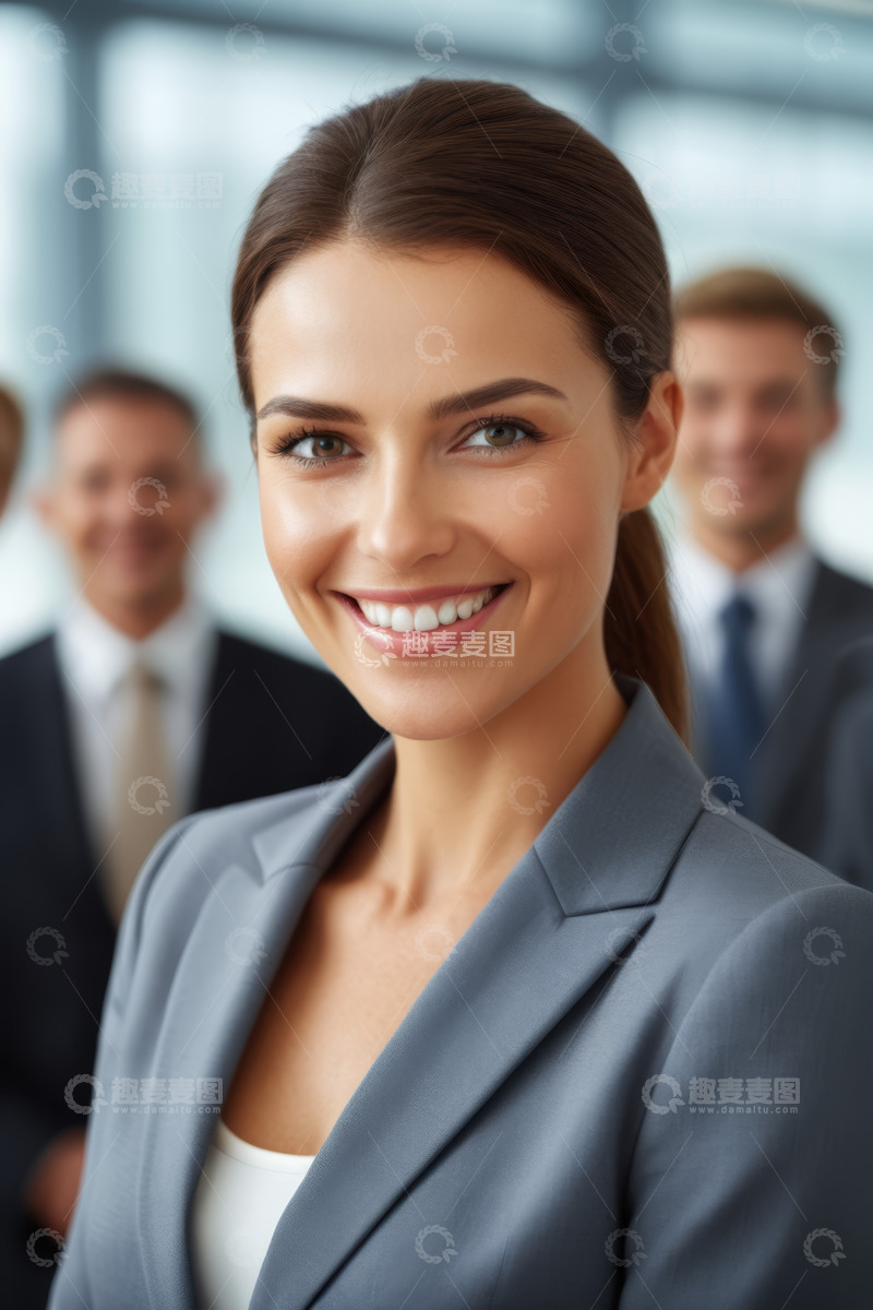 高清大图下载【趣麦麦图】女商人微笑站于团队前