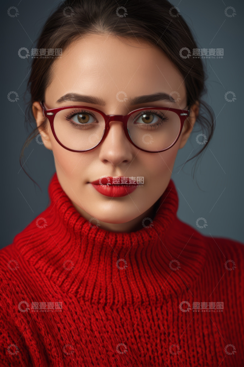 高清大图下载【趣麦麦图】戴眼镜穿红毛衣的女性肖像