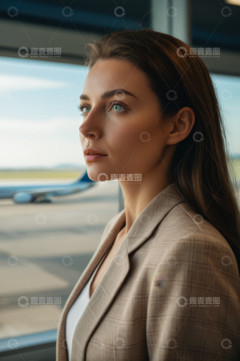 高清大图下载【趣麦麦图】机场窗边商务女性侧颜特写
