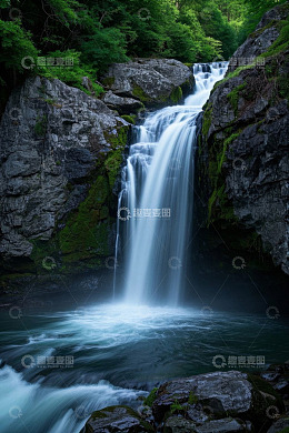 山间森林中的自然瀑布景观