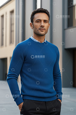 户外站立男士蓝色毛衣形象