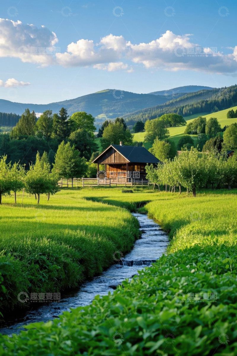高清大图下载【趣麦麦图】山间木屋旁的溪流与绿地风景