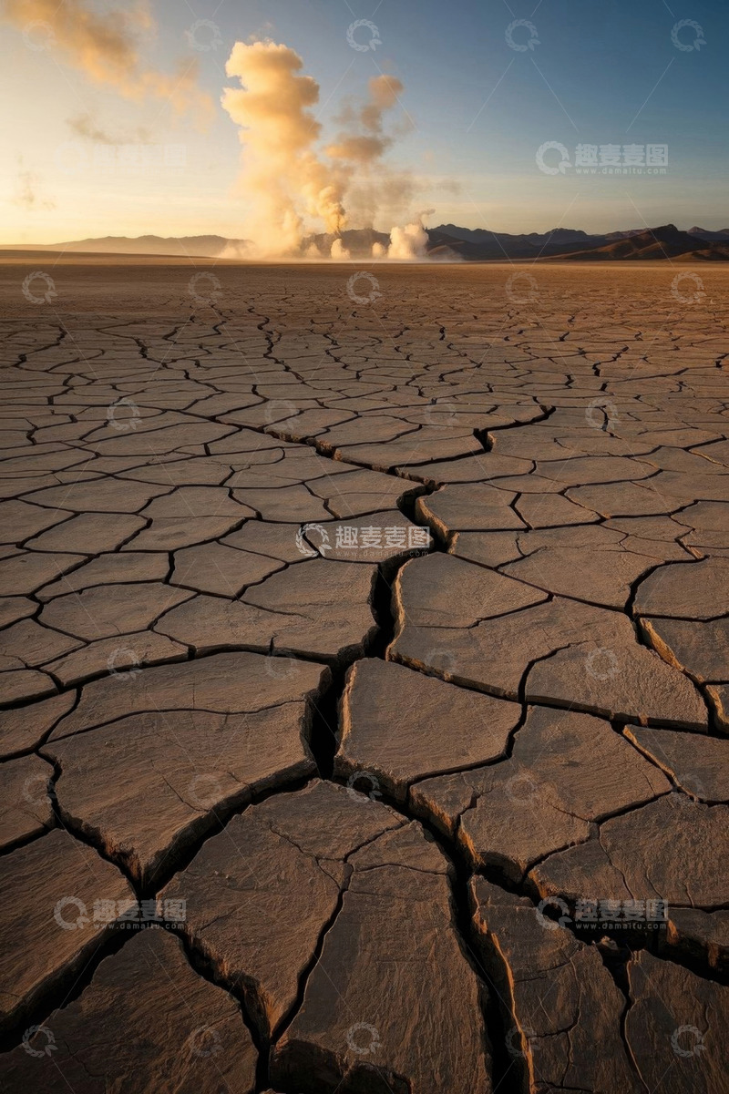 高清大图下载【趣麦麦图】干旱土地与远处冒烟景象