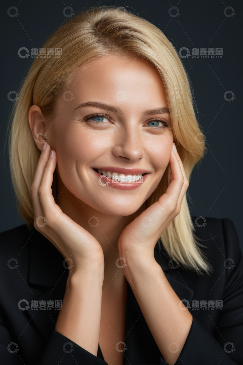 高清大图下载【趣麦麦图】金发女子双手托腮微笑肖像