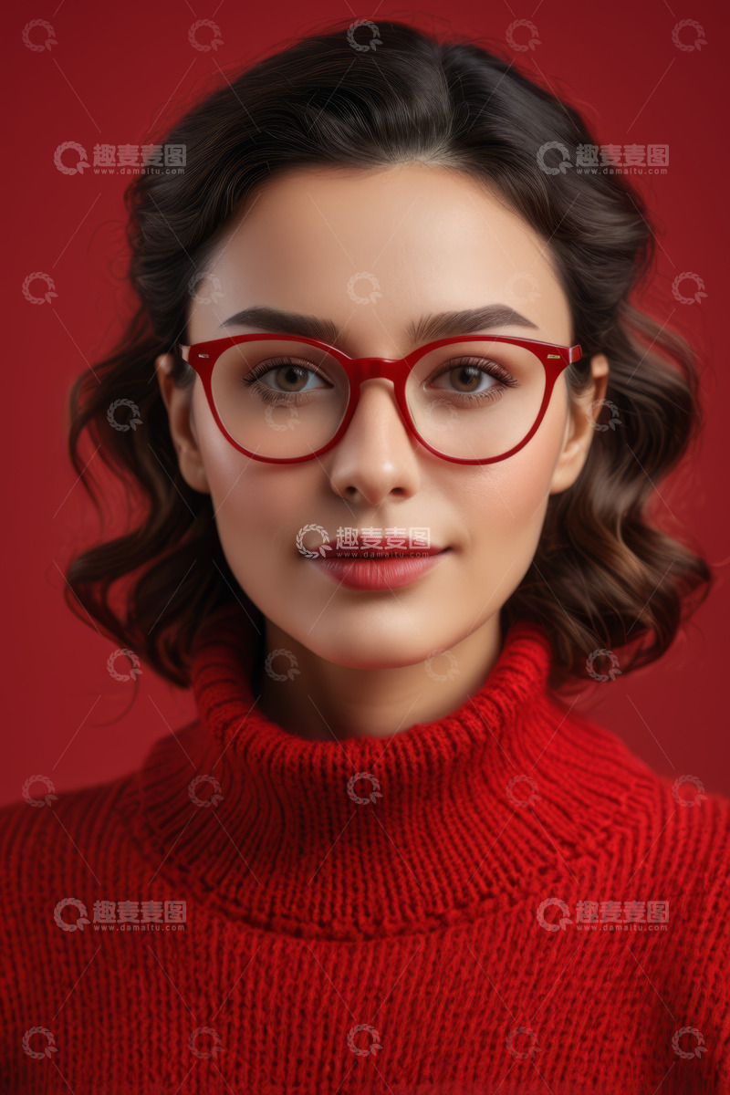 高清大图下载【趣麦麦图】戴红框眼镜的红衣女性肖像