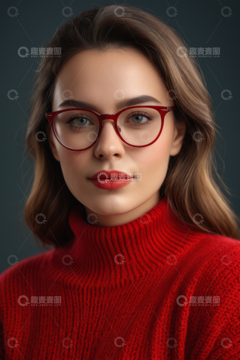 高清大图下载【趣麦麦图】戴红框眼镜的红衣女子肖像