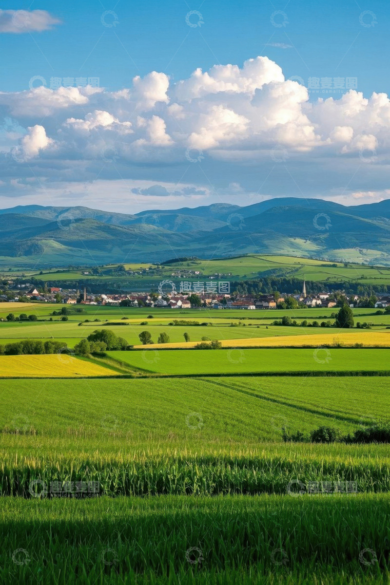 高清大图下载【趣麦麦图】乡村田野与远山的自然风光