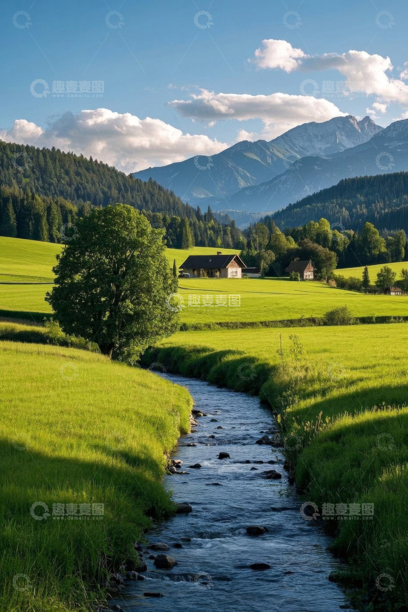 高清大图下载【趣麦麦图】山间草地溪流田园风光
