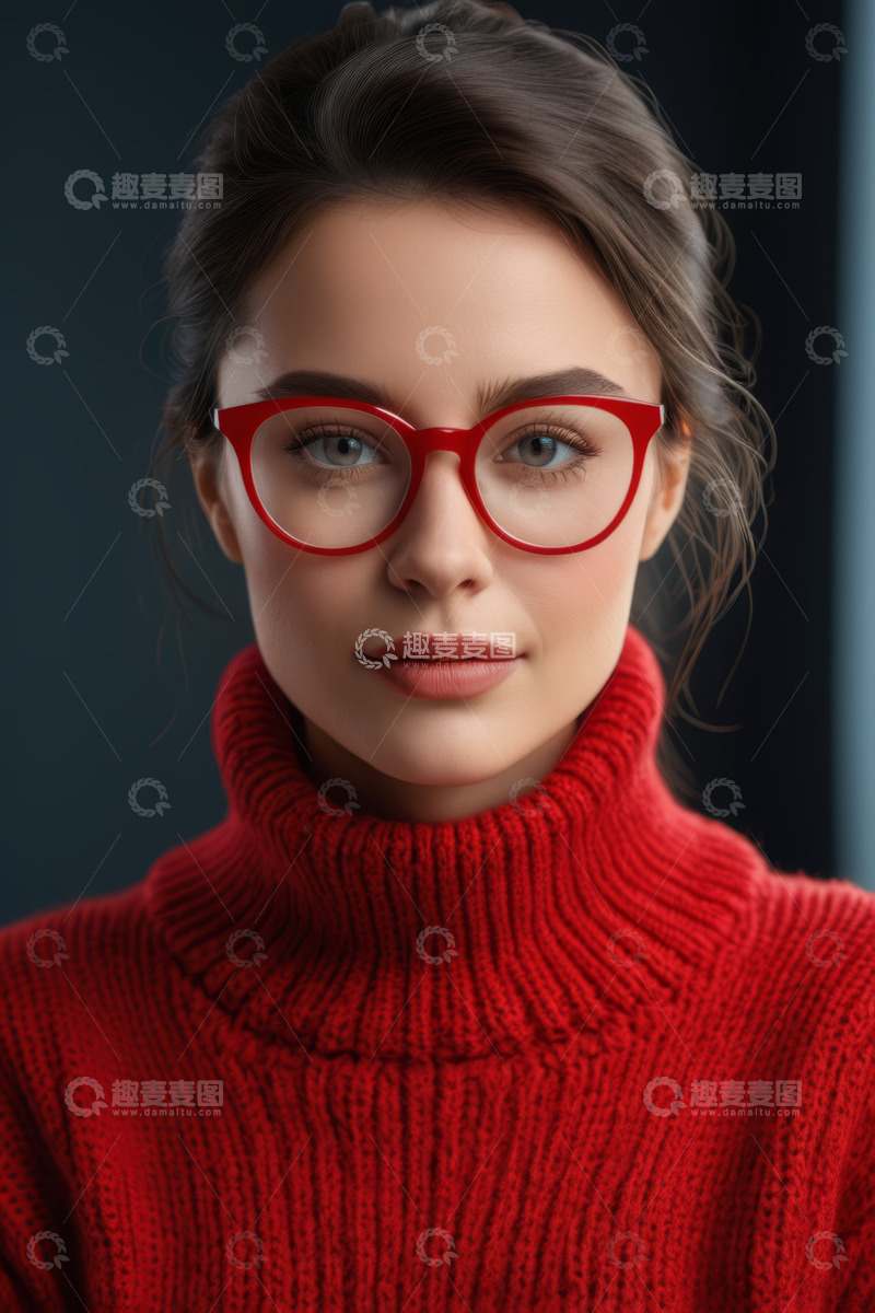 高清大图下载【趣麦麦图】戴红框眼镜穿红毛衣的女性