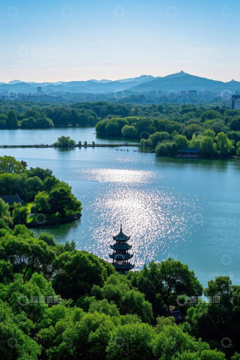 高清大图下载【趣麦麦图】杭州西湖湖景与中式建筑风光