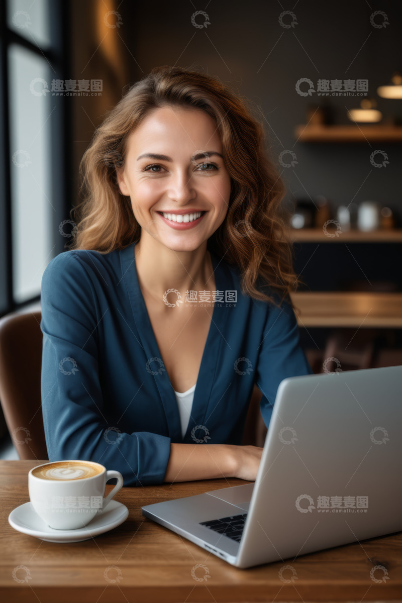 高清大图下载【趣麦麦图】年轻女子咖啡馆用笔记本电脑