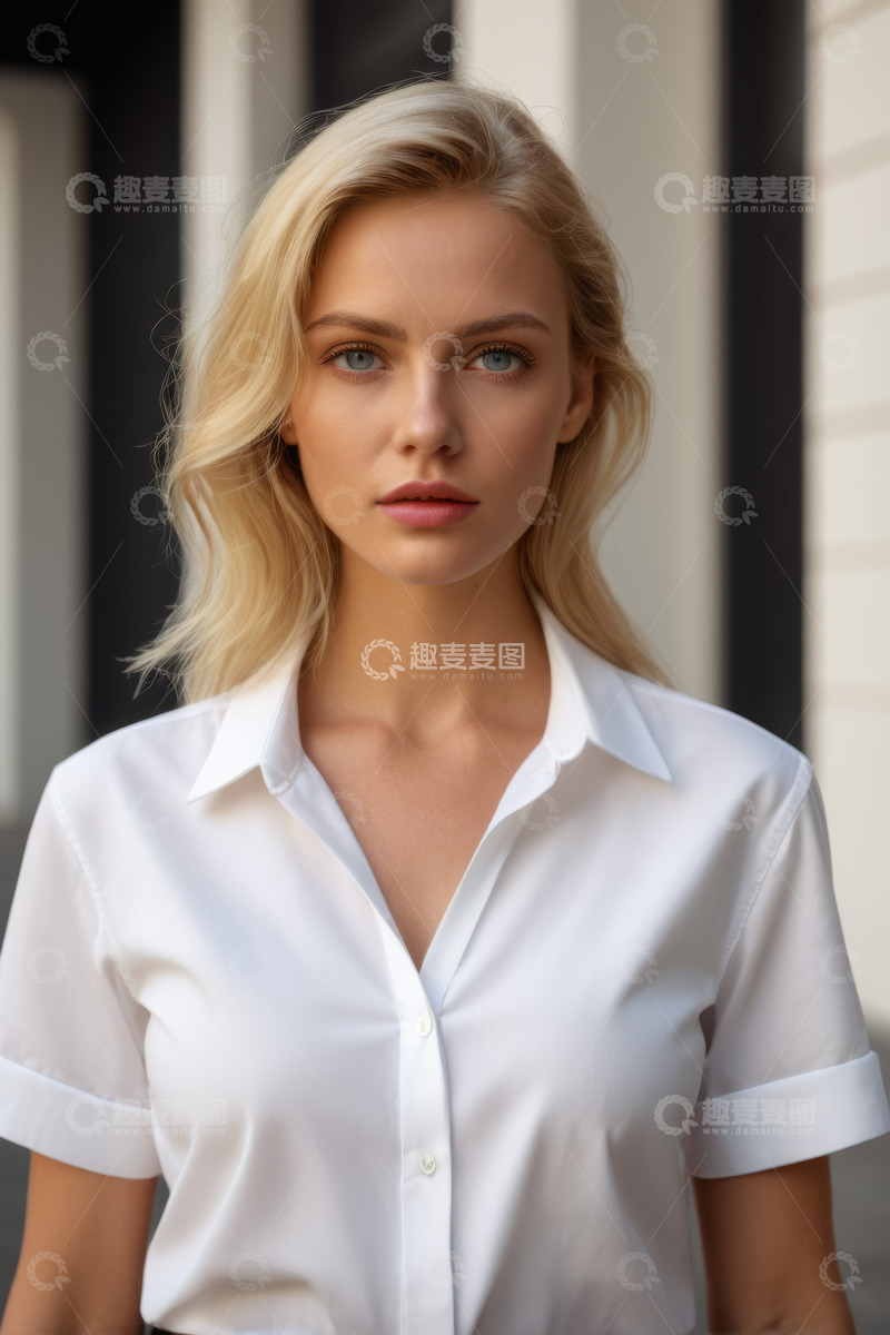 高清大图下载【趣麦麦图】金发女子白衬衫户外肖像