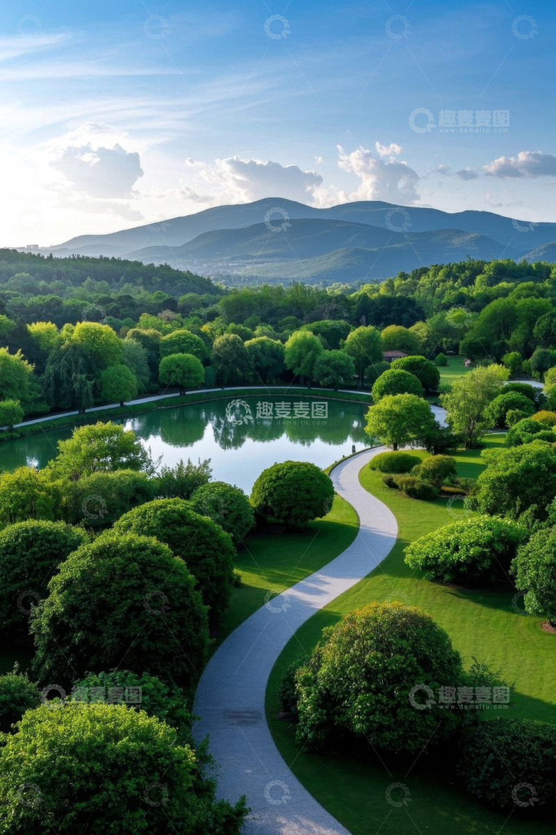 高清大图下载【趣麦麦图】湖畔绿地与远处山峦风景