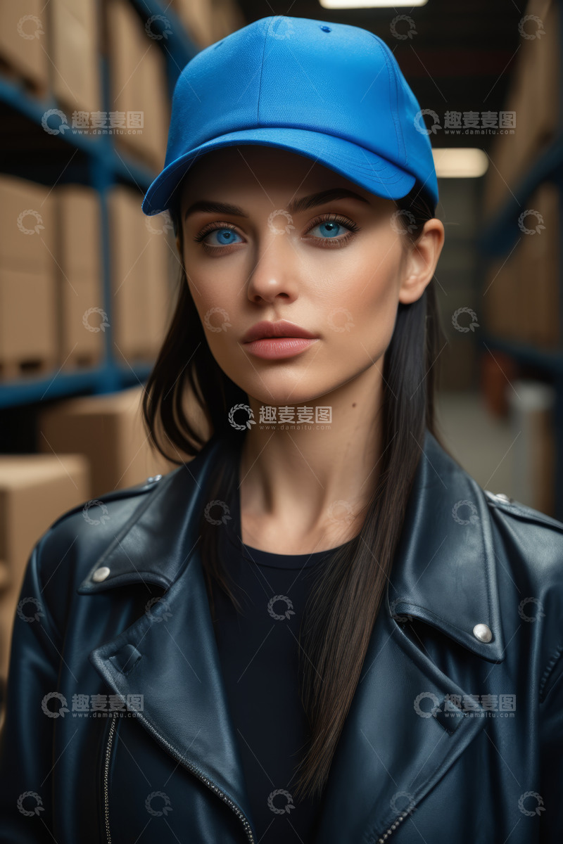 高清大图下载【趣麦麦图】戴蓝帽穿皮衣的女性肖像