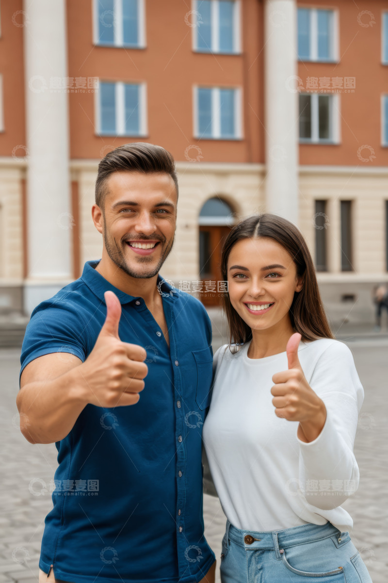 高清大图下载【趣麦麦图】男女户外微笑竖大拇指