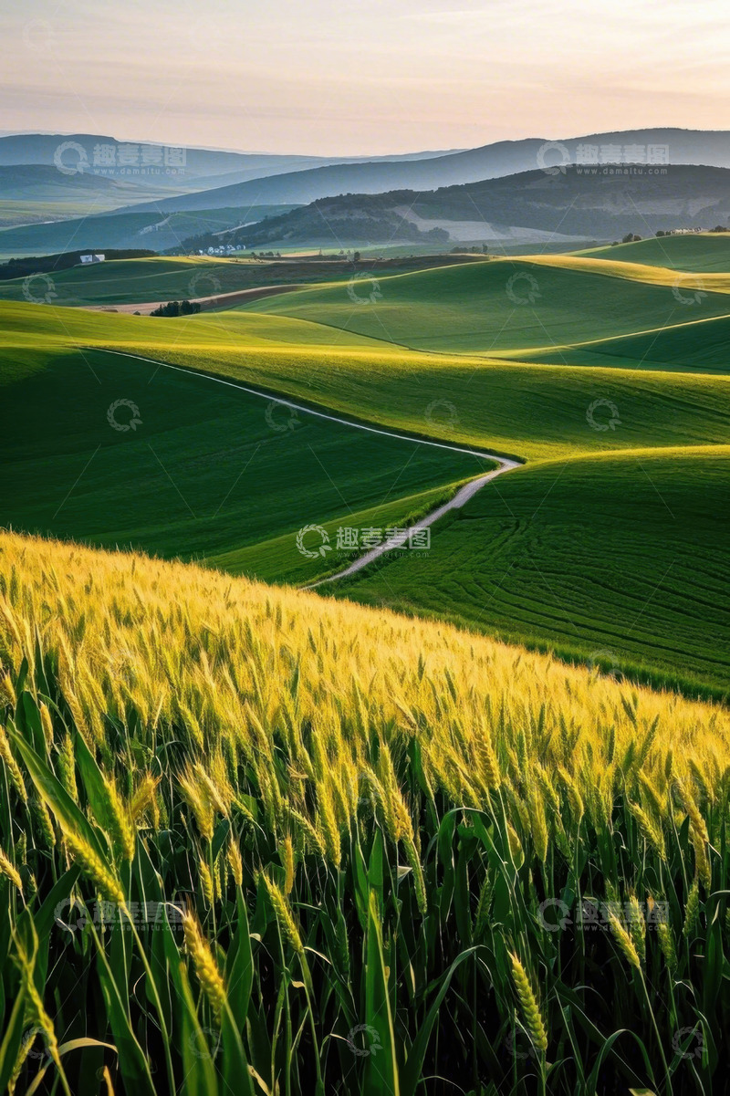 高清大图下载【趣麦麦图】绿色麦田与蜿蜒小路风景
