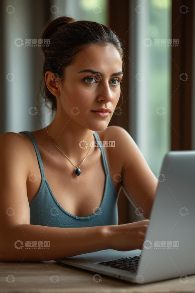 年轻女子专注使用笔记本电脑