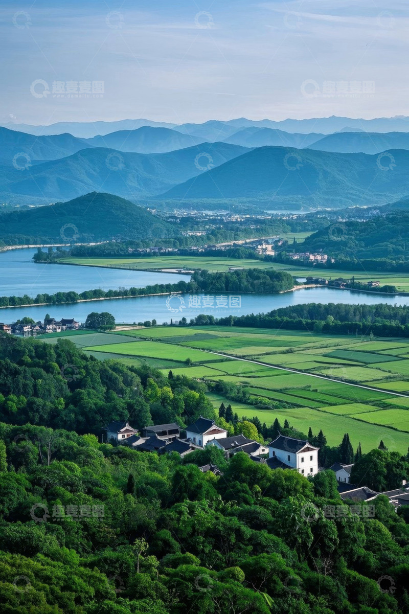 高清大图下载【趣麦麦图】山水环绕的乡村田园风光