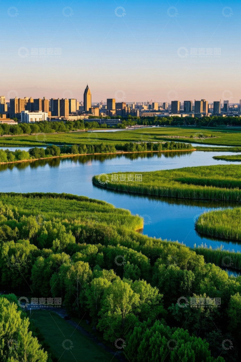 高清大图下载【趣麦麦图】城市边缘河流湿地风光