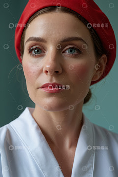 戴红色贝雷帽的女子特写