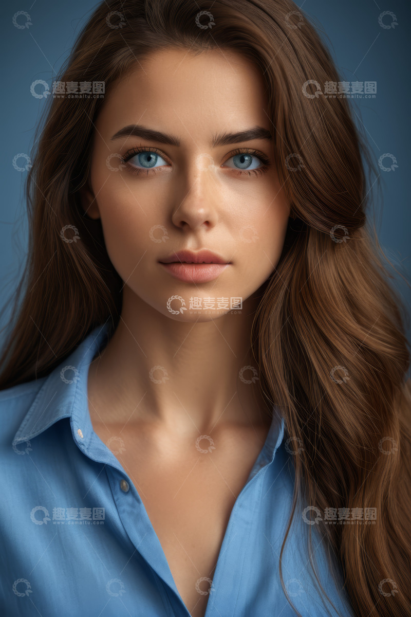 高清大图下载【趣麦麦图】穿蓝衬衫的年轻女性肖像