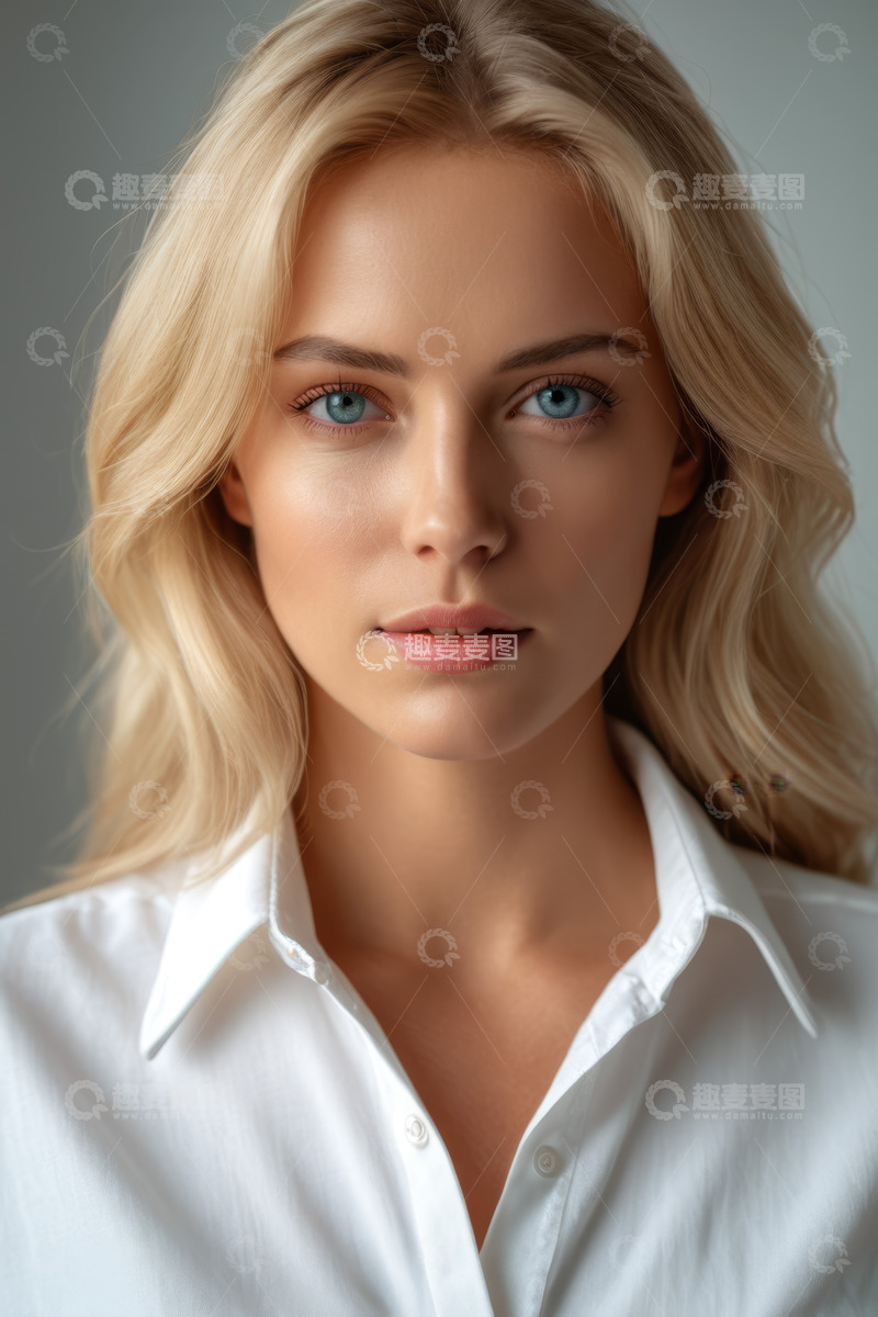 高清大图下载【趣麦麦图】金发女子白衬衫肖像