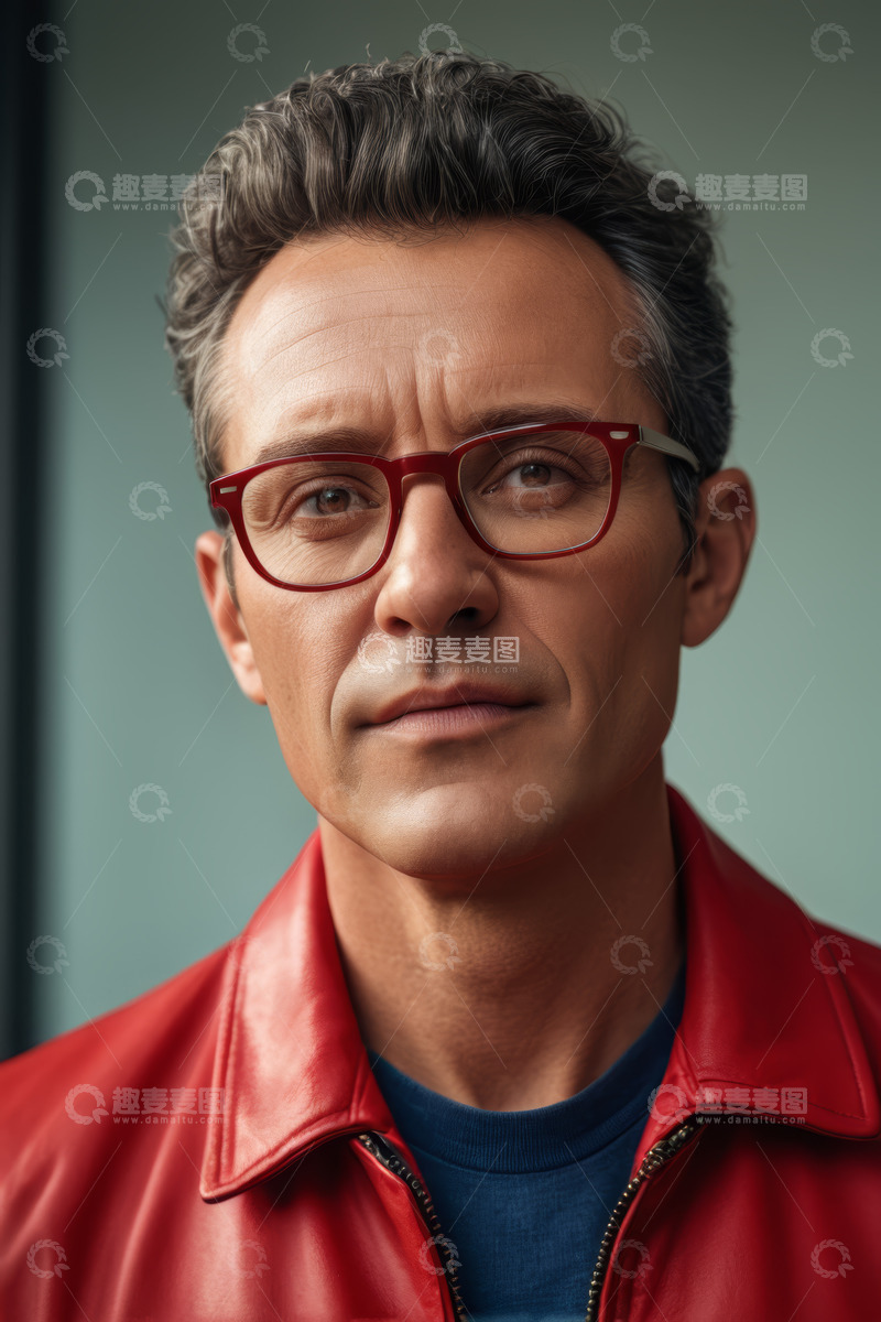 高清大图下载【趣麦麦图】戴红框眼镜穿红皮衣男子肖像