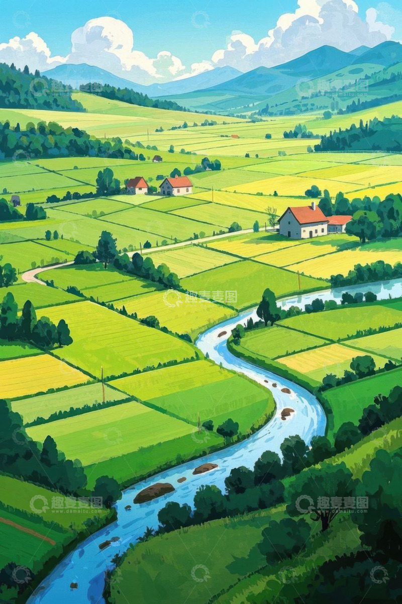 高清大图下载【趣麦麦图】田园风光乡村田野河流插画