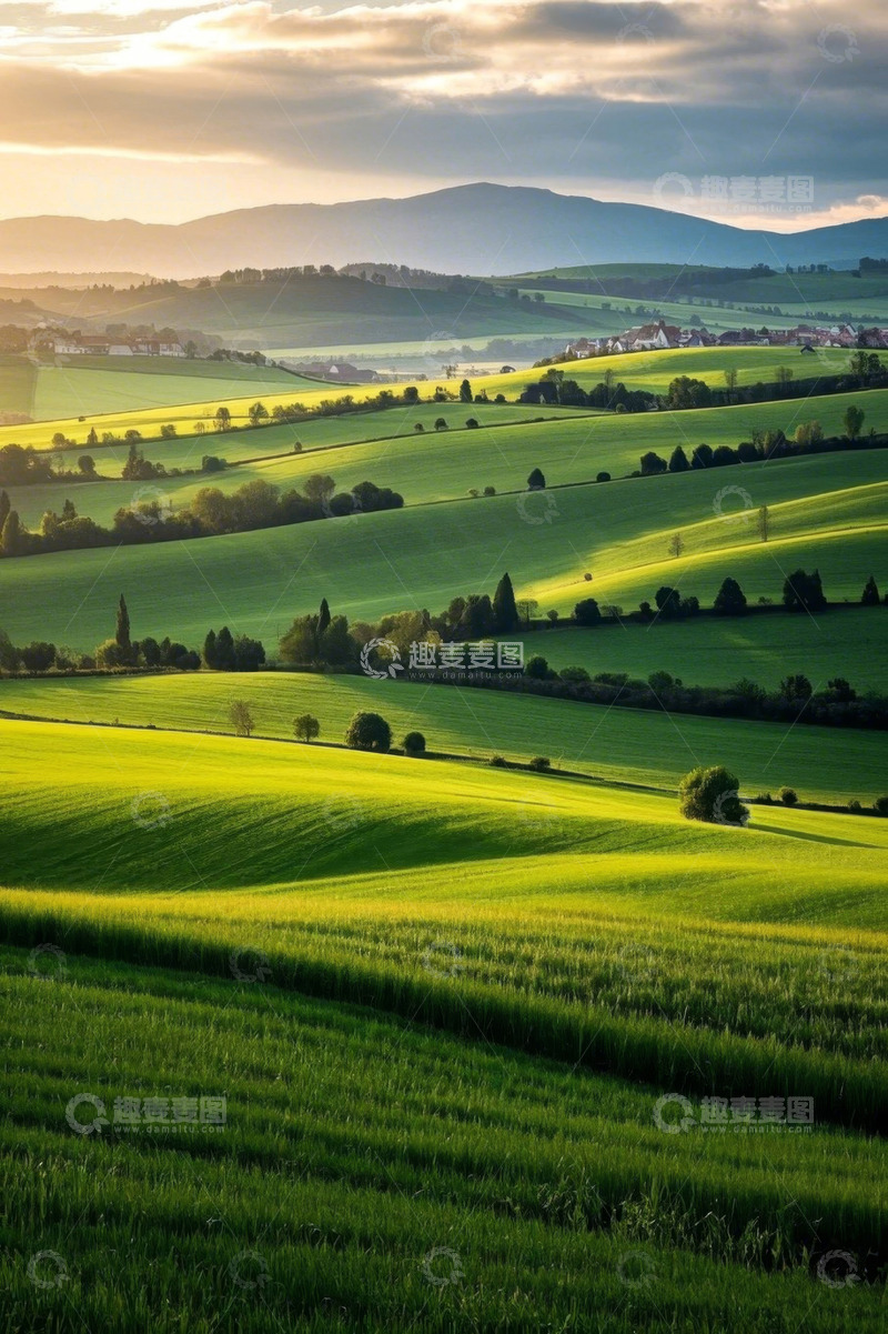 高清大图下载【趣麦麦图】田园风光绿色田野与远山