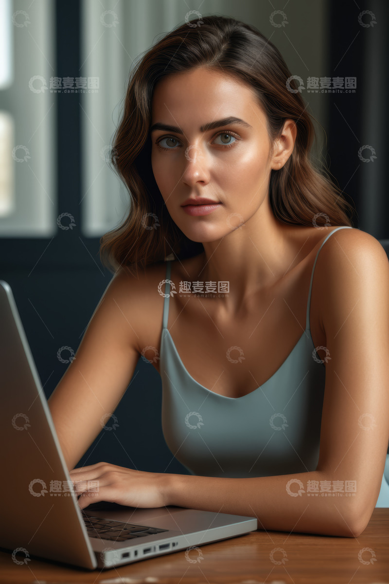 高清大图下载【趣麦麦图】年轻女性室内使用笔记本电脑