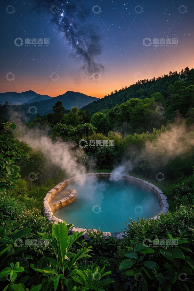 高清大图下载【趣麦麦图】山间星空下的温泉景观