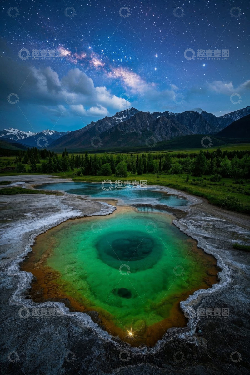 高清大图下载【趣麦麦图】星空下的山地多彩温泉景观